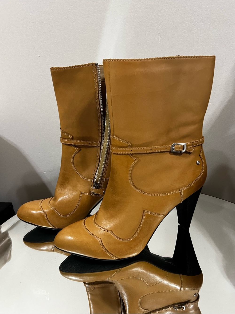 Rockport Cognac Leather Mid-Calf Heeled Boots 100% Leather